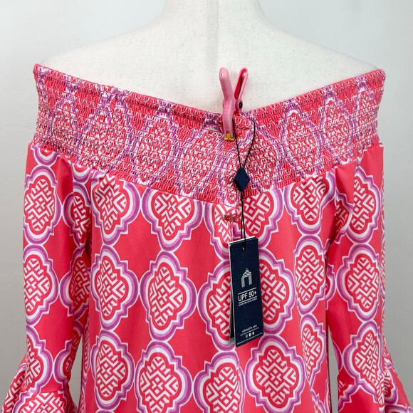 Cabana Life UPF Sun Protection Coral Geo Coverlux Smocked Dress NWT - Picture 8 of 14
